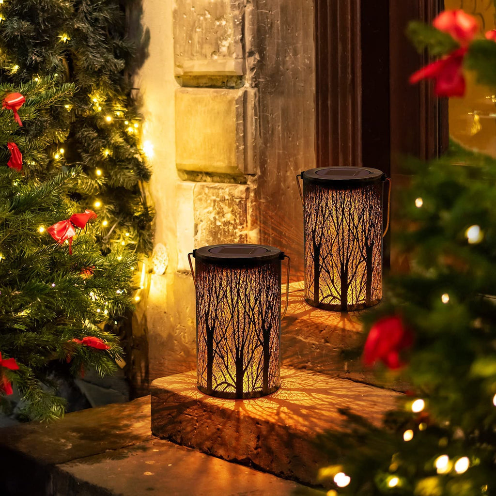 Solar Laterne für Außen Garten:  Baum Metall Solar Laterne für Draußen LED Gartenleuchte Wasserdicht Vintage Hängend Balkon Garten Deko für Aussen Patio Terrasse Wand Tisch Warmweiß