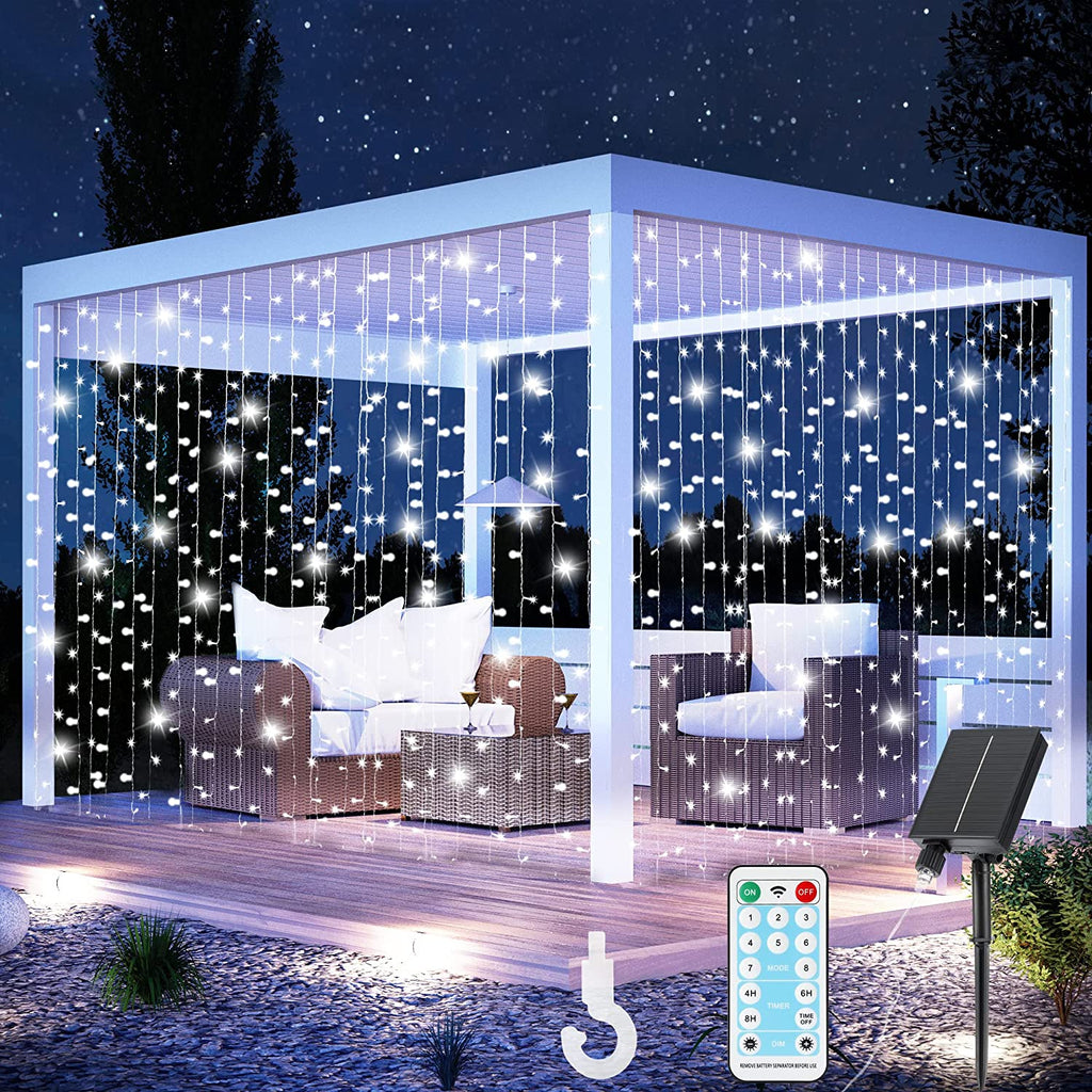 Solar Lichtervorhang Aussen,3x3m 300 LED Lichterkette mit 8 Modi Fernbedienung IP65 Wasserdicht Wasserfall Solar Außen Lichterkette für Weihnachten, Partydekoration, Innenbeleuchtung