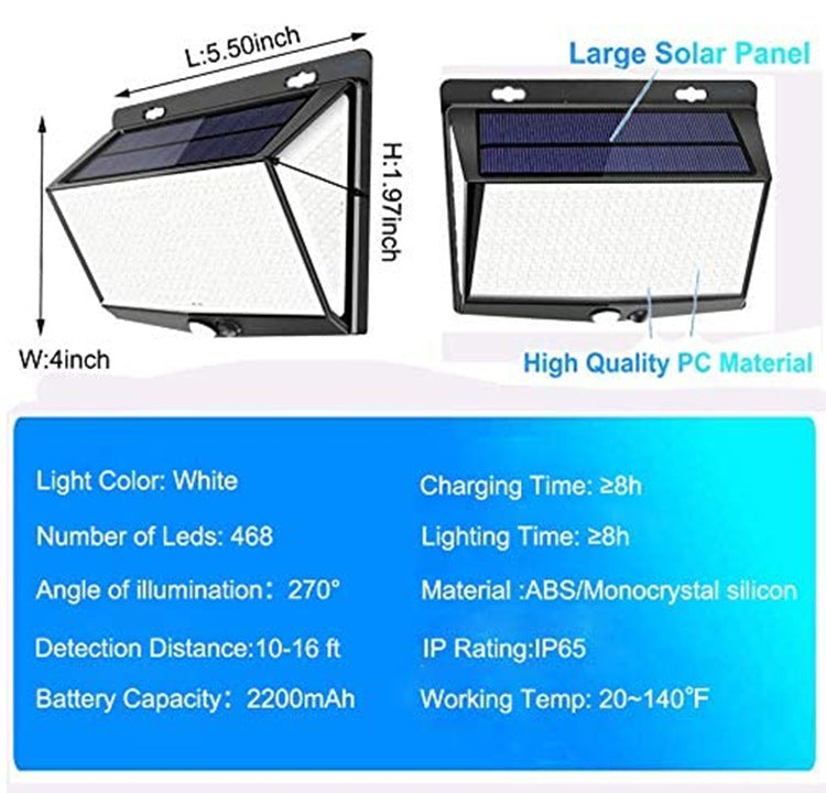 Solarlampen für Außen,Solarlampen für Aussen mit Bewegungsmelder,468LEDs 270° Beleuchtungswinkel Solar lampe outdoor,Superhelle 3 Modi Aussenlampe Bewegungsmelder,IP65 Wasserdicht Wandlampe [Energieklasse A+++]