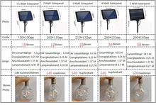 Laden Sie das Bild in den Galerie-Viewer, Solar Lichterkette Glühbirnen Aussen, 10/12/25/30/50 Glühbirnen 5.5/6.1/7.6/10.5/14.5 Meter G40 /G50 Außen Beleuchtung, USB wiederaufladbar, 4 Modus Solarlichterkette für Garten, Hochzeit, Balkon, Haus, Weihnachten Deko, Warmweiß