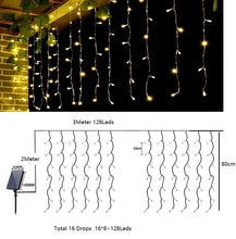 Laden Sie das Bild in den Galerie-Viewer, Solar Eisregen Lichterkette Außen, 3/5/6m 128/256/264 LEDs Weihnachtsbeleuchtung,8 Modi Lichterketten Vorhang, IP44 wasserdicht für Innen Außen Weihnachtsdeko, Schlafzimmer , Party, Balkon, Garten Deko