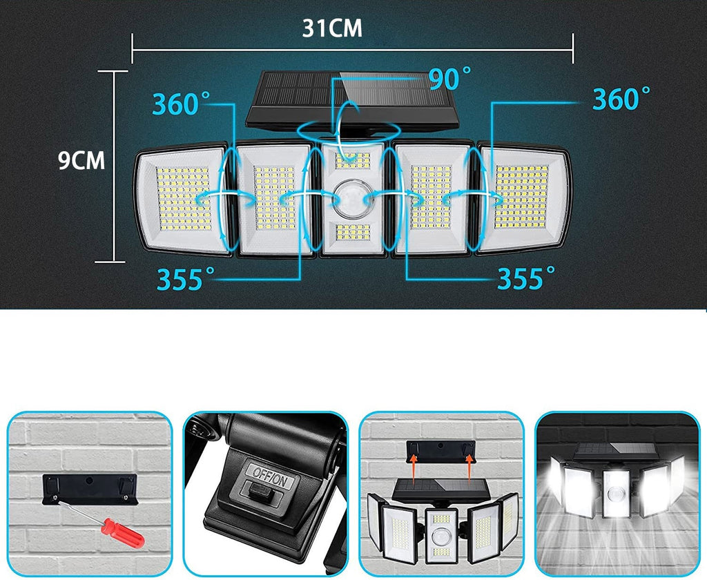 Solarleuchten für den Außenbereich, 300 LED-Solarsicherheitsleuchten mit Bewegungsmelder / Bewegungssensor, IP65, wasserdicht, um 360 ° verstellbar, Solar-Wandleuchten für den Außenbereich, für Hof, Garage, Terrasse, Veranda