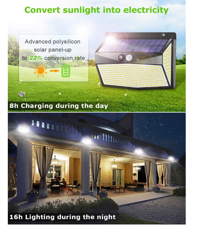 318 LED solarleuchten für außen, Solar Aussenleuchte mit Bewegungsmelder, IP65 Wasserdichte winterfest, 3 Beleuchtungsmodi, Max 600lm, solar lampe outdoor für Wand, Garage,Schuppen und Garten [Energieklasse A]